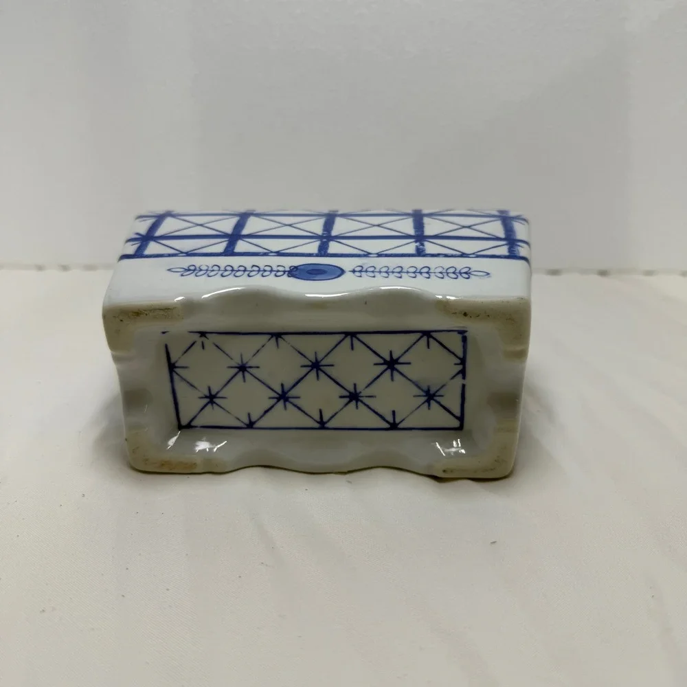 Antique Delft Blue & White Porcelain Faience Flower Frog Vase Brick 6